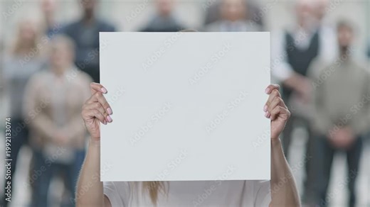 Protester holding blank sign in front of crowd, freedom of speech and peaceful activism concept.