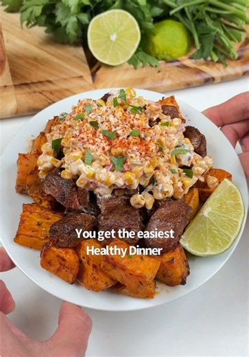 Say “YUM” if you would eat this Healthy 10-Minute Air Fryer Steak & Sweet Potato Mexican Street Corn Dinner 🌽🥩🍠 What you need: 1 lb steak, cubed 1 sweet potato, skinned & cubed 1 tbsp oil 2 tbsp taco seasoning For the street corn: 1 cup roasted corn 2 tbsp plain Greek yogurt (or mayo) 2 tbsp red onion, diced 1 tbsp cilantro chopped Juice of 1/2 lime 1 tsp tajin How to make it: 1. Microwave or steam the sweet potato cubes to soften. Then toss with the steak, oil and seasonings. 2. Air fry @ 40