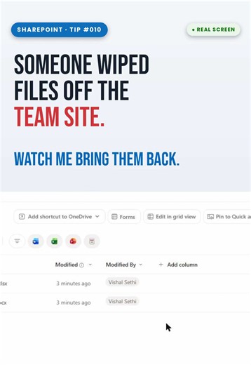 Someone just wiped files off the team site. Don't restore from backup — SharePoint can roll the whole library back: In the document library → gear icon → Restore this library (it's two lines under Library settings — almost nobody has ever clicked it) Pick a point in time — up to 30 days back. The change list shows every add, edit and delete, with who did it and when Tick the damage → Restore In this video the delete and the restore are both real — two files wiped and brought back on camera. Why 