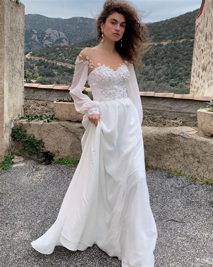 Modest Wedding Dress, Chiffon Wedding Dress, Bishop Sleeve Wedding Dress, Bohemian Fantasy Bridal Gown — | LIDIA | - Etsy