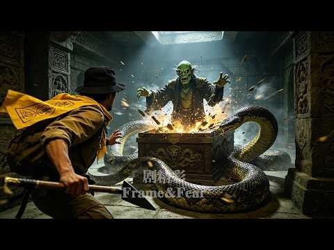 giant python attacks the tomb raiders as the Zombie King awakens in its coffin