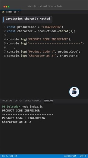 JavaScript charAt() Method 🔥 | Get Characters from a String #shorts
