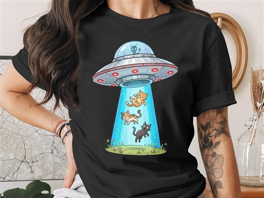 UFO Cat Abduction T-shirt, Funny Alien Beam Kitty Tee, Sci-fi Pet Lover Gift, Cute Alien Spaceship, Whimsical Cartoon Cats Graphic T-shirts - Etsy