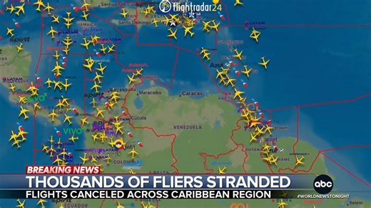 Thousands of travelers were stranded across the Caribbean after the military operation that captured Venezuela's Pres. Maduro, which canceled and delayed hundreds of flights in the region. Morgan Norwood reports as airlines scramble to get back on track. https://abcnews.link/GwDYDpf | ABC World News Tonight with David Muir