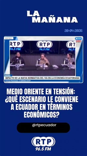 🎙️ En el programa La Mañana de RTP 96.5 FM, el exministro de Economía Fausto Ortiz @fausto.ortizd compartió su análisis sobre el escenario internacional bajo el tema: Medio Oriente en tensión: ¿qué escenario le conviene a Ecuador en términos económicos?Además, abordó el impacto de la nueva normativa del IVA en la economía ecuatoriana, detallando sus posibles efectos en el consumo, la recaudación y la dinámica productiva del país.▶️ Míralo en YouTube o Facebook📻 Escúchanos en 96.5 FM o en