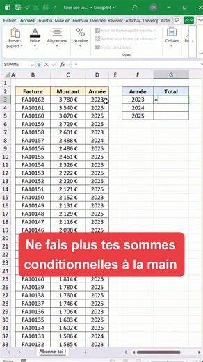 Arrête de faire tes sommes conditionnelles à la main Utilise plutôt la fonction SOMME.SI 👇 1- Ecris =SOMME.SI( 2- Sélectionne la plages de cellules contenant toutes les conditions 3- Clique sur la condition à respecter 4- Sélectionne les valeurs à additionner 5 - Appuie sur Entrée Ensuite, déroule ta formule pour l’appliquer aux autres lignes de ton tableau. Et voilà ! 👉 Clique dans mon lien en bio pour télécharger mon eBook Excel | Dimby Rakotomalala