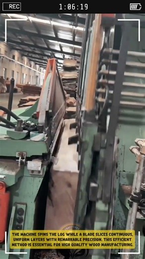 Processing Wood Veneer using Rotary Lathe to Slice Timber