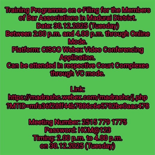 e-Filing of all categories of cases - Training for Advocates on 30.12.2025 afternoon - Don't miss...