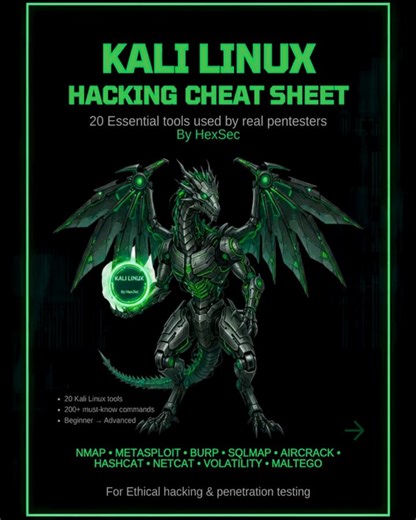 Kali Linux Ultimate Hacking Tools Cheat Sheet (20 Tools)From reconnaissance to exploitation, from wireless attacks to forensics this all-in-one Kali Linux cheat sheet covers 20 of the most powerful tools every ethical hacker should know.#kalilinux #ethicalhacking #hexsec