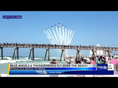 Blue Angels form 'Super Delta' in Pensacola Beach flyover with Air Force Thunderbirds
