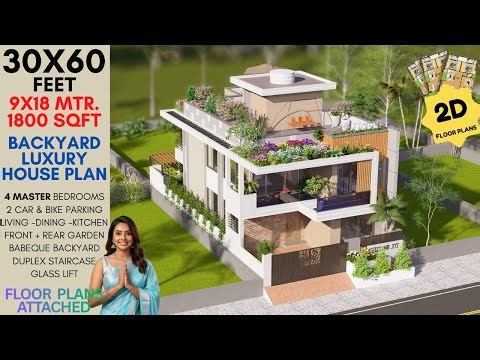 30x60 Feet Modern 4 Full Beds House Design | Large Backyard Garden | Courtyard | ID-245
