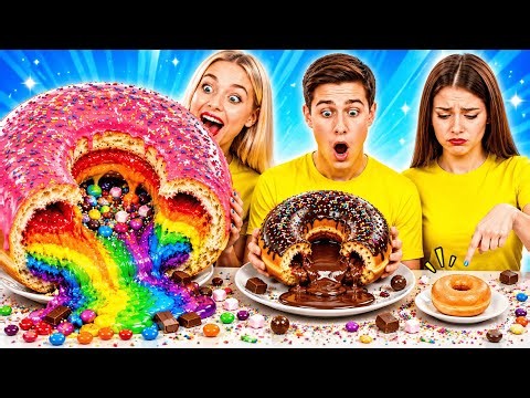 HUGE VS MEDIUM VS TINY DONUT CHALLENGE 🍩✨Crazy Rainbow & Chocolate Filled Desserts by 123GO!🌈