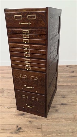 Antique Oak Weis File Cabinet with 12 Drawers in Various Sizes