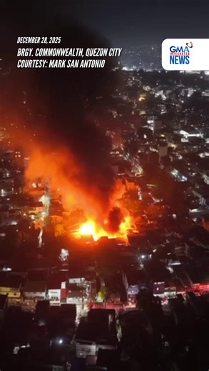 A fire broke out in a residential area in Brgy. Commonwealth, Quezon City on Sunday evening, Dec. 28, 2025. According to the Bureau of Fire Protection, the fire has been raised to the fifth alarm as of 9:33 PM. | via James Agustin/GMA Integrated News Video courtesy: Mark San Antonio | GMA News