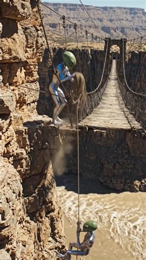 In a vast desert landscape, two aliens were walking across a bridge over a huge river, enjoying