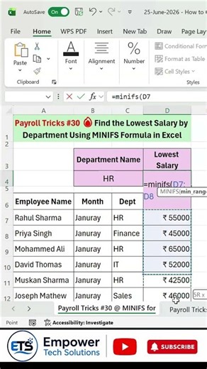 Payroll Tricks #30 🔥Find the Lowest Salary by Department Using MINIFS Formula in Excel #excel