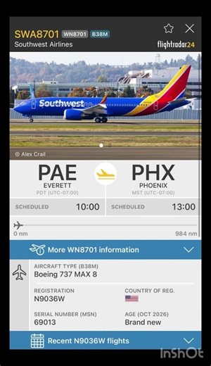 Southwest Airlines Everett 🇺🇸to Phoenix WN8701 Boeing 737 max 8 age October 2026 brand new