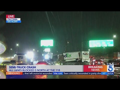 FedEx trucks crash, close NB 5 Freeway through Pacoima