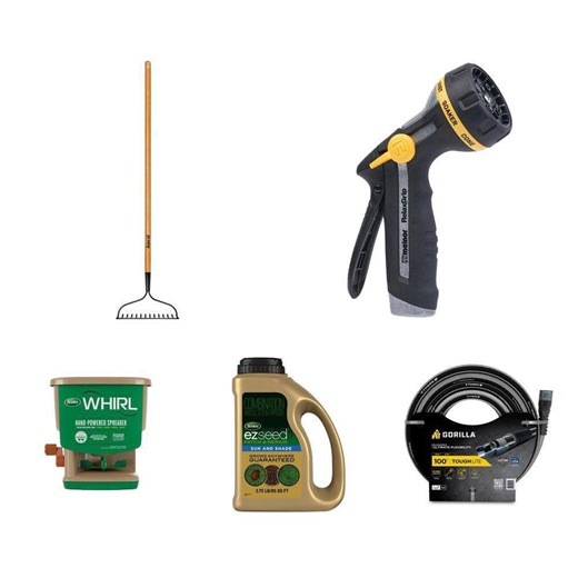 EZ Seed Patch, Bow Rake, 8-Pattern Nozzle, 5/8 in. x 100 ft. Hose and Hand-Powered Spreader Combo - The Home Depot