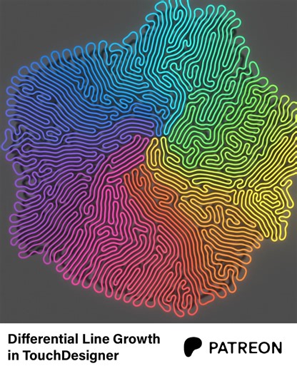 Simon Alexander-Adams on Instagram: "New TouchDesigner tutorial on differential line growth! 🐍 Find the tutorial on YouTube and my Patreon (link in bio.) . I've also released a differential growth tool (Patreon exclusive) that includes additional features like controlling mass via input texture, and skinned 3D trails. The accompanying demonstration file is featured on slide 2, which doubles as today's daily sketch: Voronoi Growth [ 2791 ] . Created using #TouchDesigner @touchdesigner . . #every