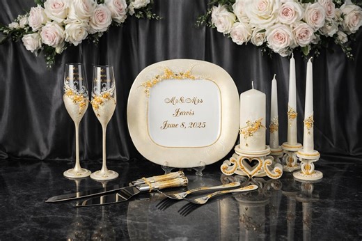Ivory Mr and Mrs Wedding Set With Gold Pearls, Bride and Groom Glasses, Cake Knife and Server - Etsy