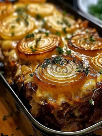 French Onion Meatloaf with Gruyère A savory, old-fashioned meatloaf topped with sweet caramelized onions and melty Gruyère, just the kind of cozy dinner that makes the whole table quiet for the first few bites. Ingredients: 2 pounds ground beef 2 large onions, thinly sliced 2 tablespoons butter 1 tablespoon olive oil 2 cloves garlic, minced 1 cup breadcrumbs 2 large eggs 1/2 cup milk 1 tablespoon Worcestershire sauce 1 tablespoon Dijon mustard 1 packet dry onion soup mix 1 teaspoon salt 1/2 teas