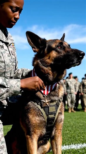 Soldiers in camouflage stand at attention in the background, clear blue sky