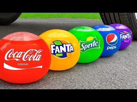 Satisfying ASMR Crushing Rainbow Coca-Cola Fanta Sprite Pepsi Balls Under Car Tire with Real Sounds