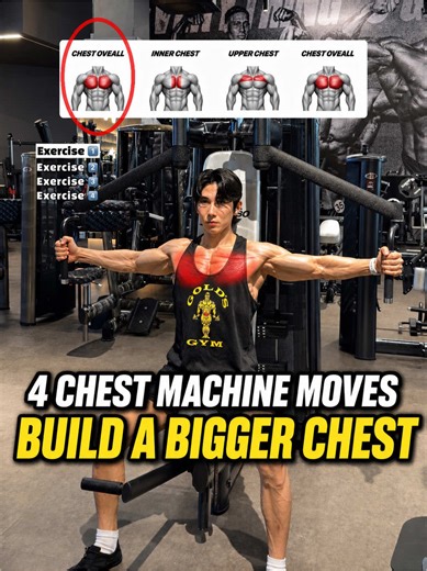 🔽Machine Chest Routine – 4 Effective Exercises🔥 1. Pec Deck Fly - Evenly targets the chest overall and helps improve inner-chest contraction and chest line. 2. Inner Chest Press - Focuses on the inner chest and helps improve center-chest density and definition. 3. Incline Chest Press - Emphasizes the upper chest and helps build upper-chest volume and the clavicle line. 4. Chest Press - A basic machine press that targets the entire chest and helps build chest thickness and strength. Routine Gui