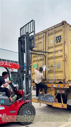 Forcing a Stuffed Container Shut: Forklift Tines Hold the Door While Workers Secure the Latch