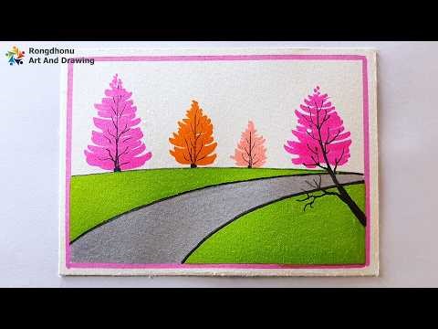 Easy Road and Tree Landscape Drawing | Simple Nature Scenery Drawing Step by Step