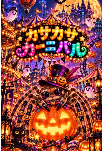 【カサカサカーニバル】 ハロ……ハロ…… だれかいる？ カサ……カサ…… あ！いた！ --- ハロ！ハロ！ハロウィン！ カラフル・ナイトで クレイジー！ アシダカ！アシダカ！スパイダー！ 8本足で パラダイス！ カサカサ ピカピカ バグって 踊れ！ HALLO！HALLO！HALLOWEEN！ WOW WOW WOW！！ --- パンプキン・シグナル 点滅中 キャンディ・エラーで 午前零時 ネオンの月が 逆さに笑う ゴースト・データが 踊り出す 右へ左へ スパイダー・モーション 上へ下へと テレポーテーション 見た目はホラー 中身はピース そんなのどうでも いいじゃない！ ワン！ツー！スリー！フォー！ ファイブ！シックス！セブン！エイト！ 8本足で ステップ踏めば 世界がグルグル ひっくり返る！ --- ハロ！ハロ！ハロウィン！ カラフル・ナイトで クレイジー！ アシダカ！アシダカ！スパイダー！ 8本足で パラダイス！ カサカサ ピカピカ バグって 踊れ！ HALLO！HALLO！HALLOWEEN！ WOW WOW WOW！！ --- サイケなカボチャが ウインクしてる デジタル魔女