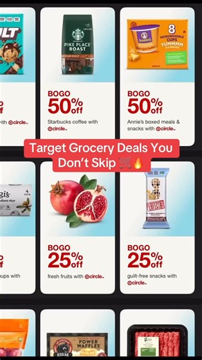 Shop Red Deals on Instagram: "🚨 Target Grocery Deals Are STACKED Right Now If you shop groceries at Target, this is your sign to open the app. Target is running multiple BOGO grocery deals PLUS a soda stock-up deal that’s perfect for the week ahead — all available with Target Circle. Here’s what to grab 👇 🛒 BOGO 50% OFF with Target Circle • Starbucks coffee • Protein bars • Yogurt cups • Annie’s boxed meals & snacks 🛒 BOGO 25% OFF • Good & Gather granola • Fresh fruits (organic apples, pomeg