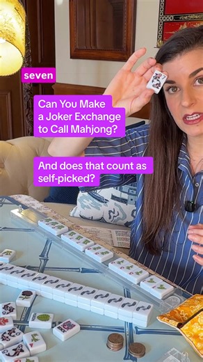 Can you make a Joker exchange to call mahjong? And does that count as self-picked? Yes to both! This is one of those mahjong rules that can feel a little confusing until you see it played out. Let’s say you’re one tile away from mahjong, and a joker would complete your hand. You draw a seven dot from the wall. Another player has an exposed group of seven dots with a joker in it, so you exchange your seven dot for that exposed joker. That joker completes your hand, and you declare mahjong! Even t
