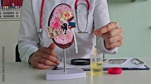 Doctor demonstrates kidney model and urine test procedures for health check