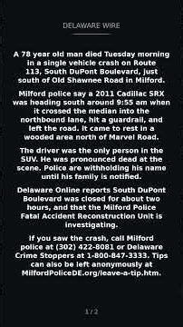 78 year old man dies in single car crash on South DuPont Boulevard in Milford