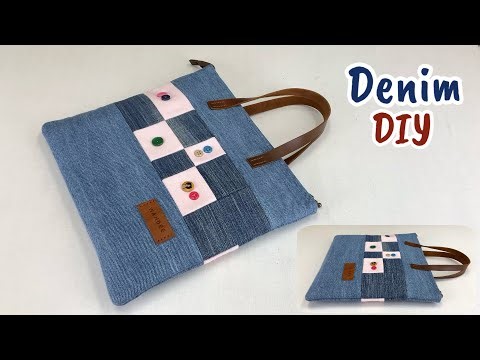 Simple denim patchwork into mini handbag tutorial , Sewing diy denim hand bag from jeans scraps idea