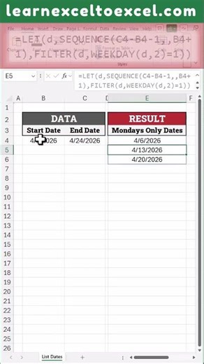 List Dates of Specific Day between Two Dates with Formula in #Excel using #SEQUENCE #WEEKDAY #FILTER