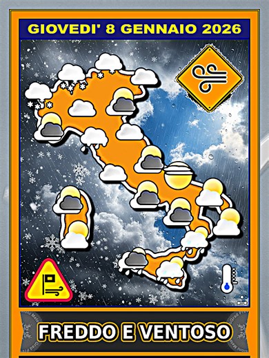 #Previsioni #Meteo per Giovedì 8 Gennaio 2026 • Gelate Diffuse e Venti Forti • #Neve #Gelo #Vento • Le fredde correnti da ponente manterranno un clima rigido con nevicate fino ai fondovalle alpini e nevischio serale sulle pianure del Nord-Ovest. La Toscana vedrà pioviggini e neve a quote basse, mentre al Sud insisteranno piovaschi residui. Mari agitati e forti gelate notturne su tutte le pianure.. #PrevisioniMeteo #PerTe #MeteoGrad Puoi visualizzare le Previsioni Meteo in dettagio sul canale You