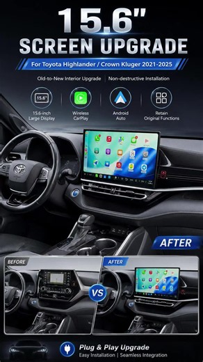 Give your Toyota Highlander / Crown Kluger (2021‑2025) a massive interior upgrade! Swap your small stock display for this stunning 15.6‑inch large screen. ✅ Huge 15.6‑inch high‑definition touch display ✅ Wireless CarPlay & Android Auto for seamless phone connection ✅ Retain all original car features & vehicle data ✅ Plug‑and‑play non‑destructive installation, no wire cutting ✅ Perfectly blends with the factory dashboard No more cramped small screen. Enjoy bigger navigation view, clearer media pl