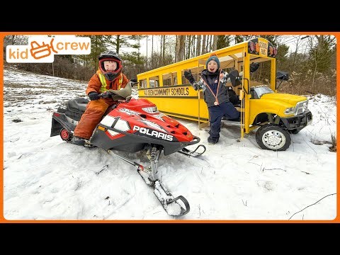 Rescuing school bus stuck in snow with kids snowmobile, playing R/Cs on ice. Educational | Kid Crew