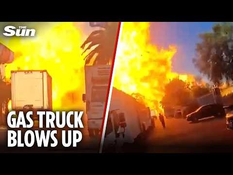Horror moment gas truck EXPLODES in enormous fireball after smashing into railing in Santiago