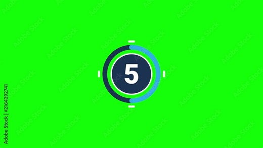 Circular countdown timer animation from 10 to 0 with blue ring on green screen