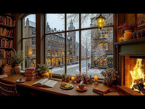 Warm Winter Study Nook 📚❄️ Cozy Fireplace & City Street View for Relaxation & Good Mood