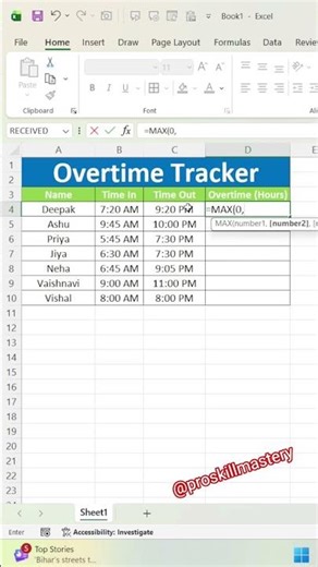 😎🕒 MAX Formula | Excel Overtime Tracker 🗂Save this video #shortsvideo #shorts #tips #exceltricks