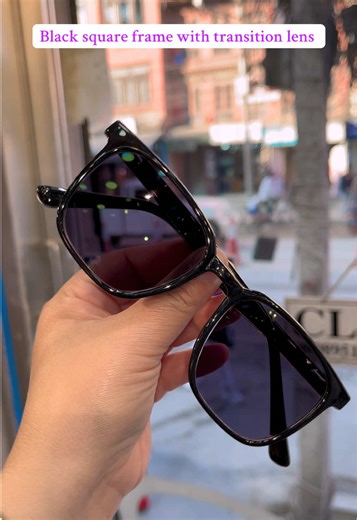 Black square frame with crizal transition lens. Crizal Transitions lens, For heavy driving ,for snow, automatically darken in sunlight and return to clear indoors. Here’s a quick overview . Lenses darken within ~30–60 seconds. They respond to UV, not just brightness—so they don't darken much inside a car unless the windshield lets UV through. No need to switch between regular glasses and sunglasses. Full UVA/UVB protection. Anyone sensitive to light. . . Essilor Crizal transitions lens blue fitt