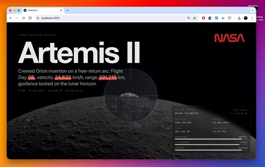 Concept page for Artemis II, here's the prompt:> Imagery by @nasa official photo catalogue and edited with @basementstudio shader tool"Build an interactive hero page with a spotlight reveal effect using Next.js and Tailwind. The page has two versions of the same full-bleed background image — a "base" image and an "alternate" image. The alternate image is only revealed inside a circular spotlight that follows your cursor, drawn on an HTML canvas using globalCompositeOperation: "source-in" to mask
