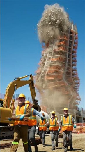 Workers flee building demolition explosion dust cloud. #buildingcollapse #cinematicscene