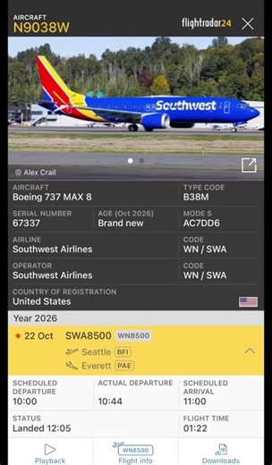 Southwest Airlines Boeing 737 max 8 Seattle🇺🇸to Everett age October 2026 brand new